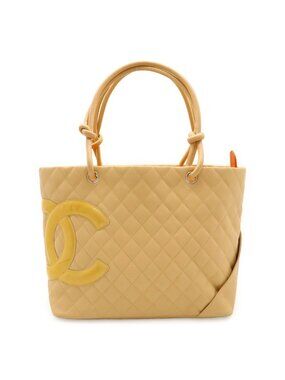 Chanel Cambon Line CC Logo Large Tote Shoulder Bag Soft Calf Enamel Beige Yellow